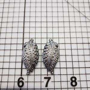 Earrings Clip VTG West Germany Silver Tone Leaf Marcasite Look Signed Autumn